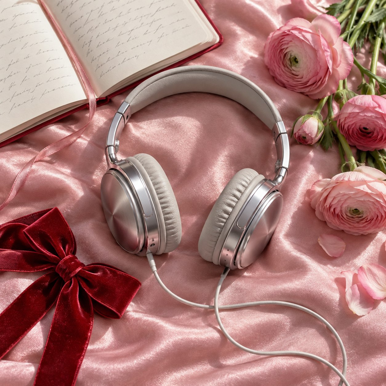 Silver headphones on pink satin with flowers